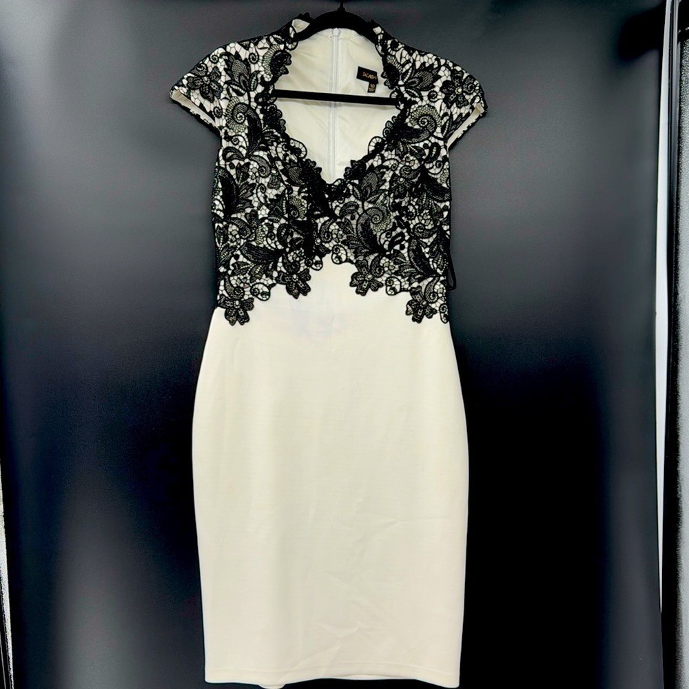 Tadashi Shoji Black Lace Ivory Sheath Dress Cap Sleeve AGD688MX Womens 10 - Picture 2 of 13